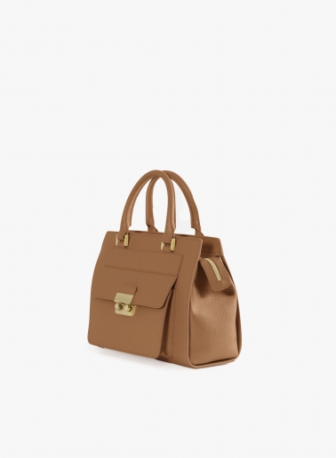 Borsa rigida in pelle color tabacco con chiusura in metallo