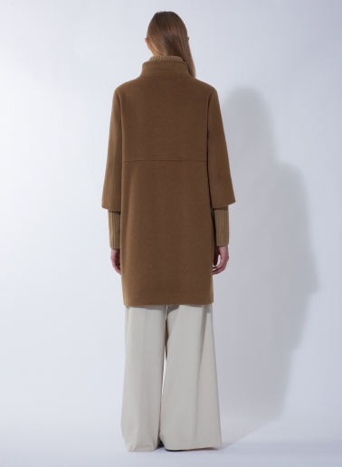 Tobacco color pure wool coat with detachable knitted details