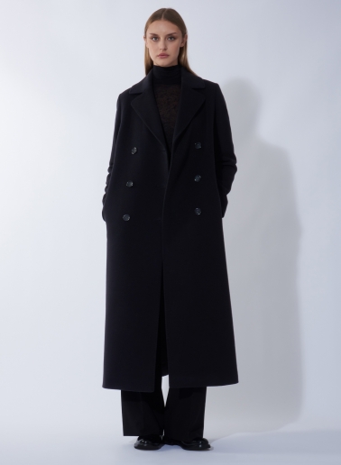 Maxi cappotto nero doppio petto 6 bottoni in lana e cashmere