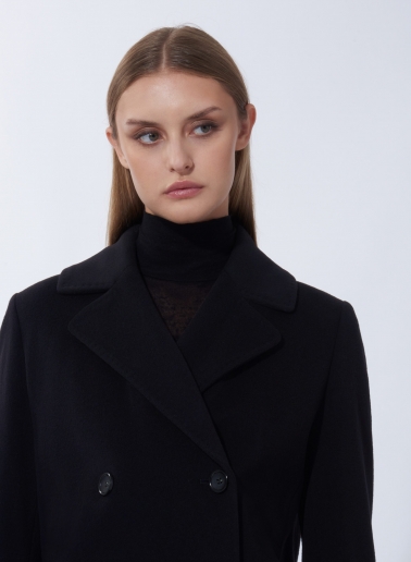 Maxi cappotto nero doppio petto 6 bottoni in lana e cashmere