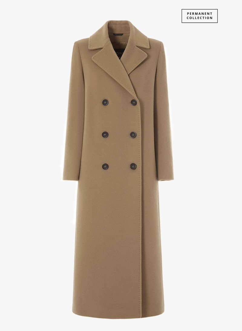 Maxi cappotto cammello scuro doppio petto 6 bottoni in lana e cashmere