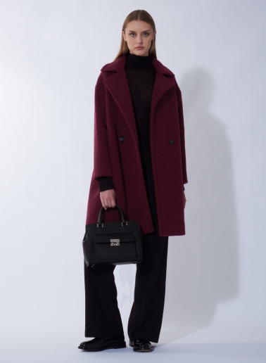 Cappotto bordeaux doppio petto in lana con collo a rever