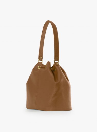 Tobacco color genuine leather bucket bag with gusset and logo