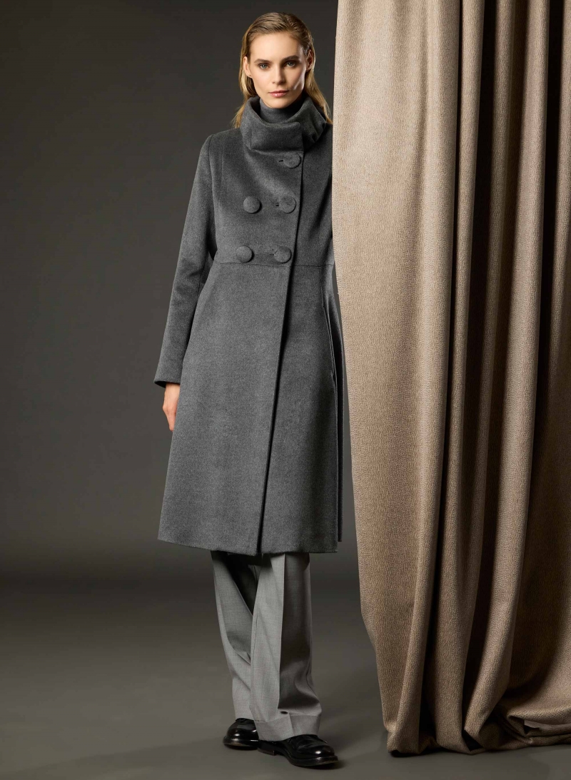 Long grey pure silk frock coat with high drape collar