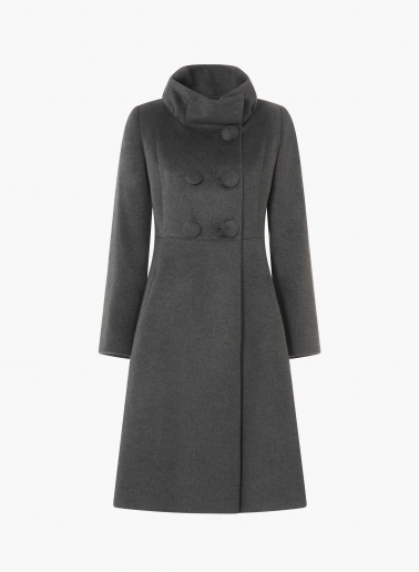 Cappotto redingote lungo grigio con collo alto drappeggiato in pura seta