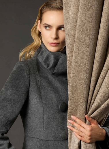 Long grey pure silk frock coat with high drape collar