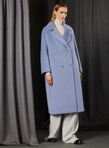 Cappotto lungo azzurro viola doppio petto in alpaca e lana