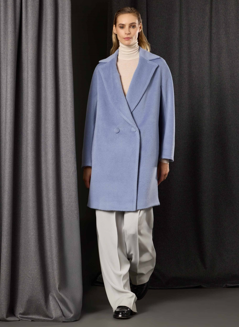 Cappotto azzurro viola doppio petto in alpaca e lana