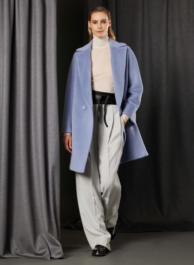 Cappotto azzurro viola doppio petto in alpaca e lana