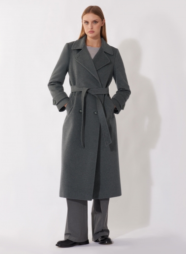 Maxi trench grigio in puro cashmere con cintura