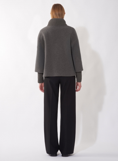 Short oversized dark taupe coat with knitted inserts