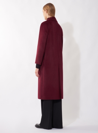 Long double breasted 6 buttons burgundy coat in alpaca and wool