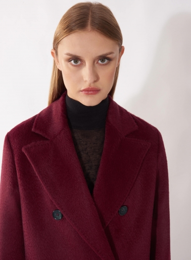 Cappotto lungo bordeaux doppio petto 6 bottoni in alpaca e lana