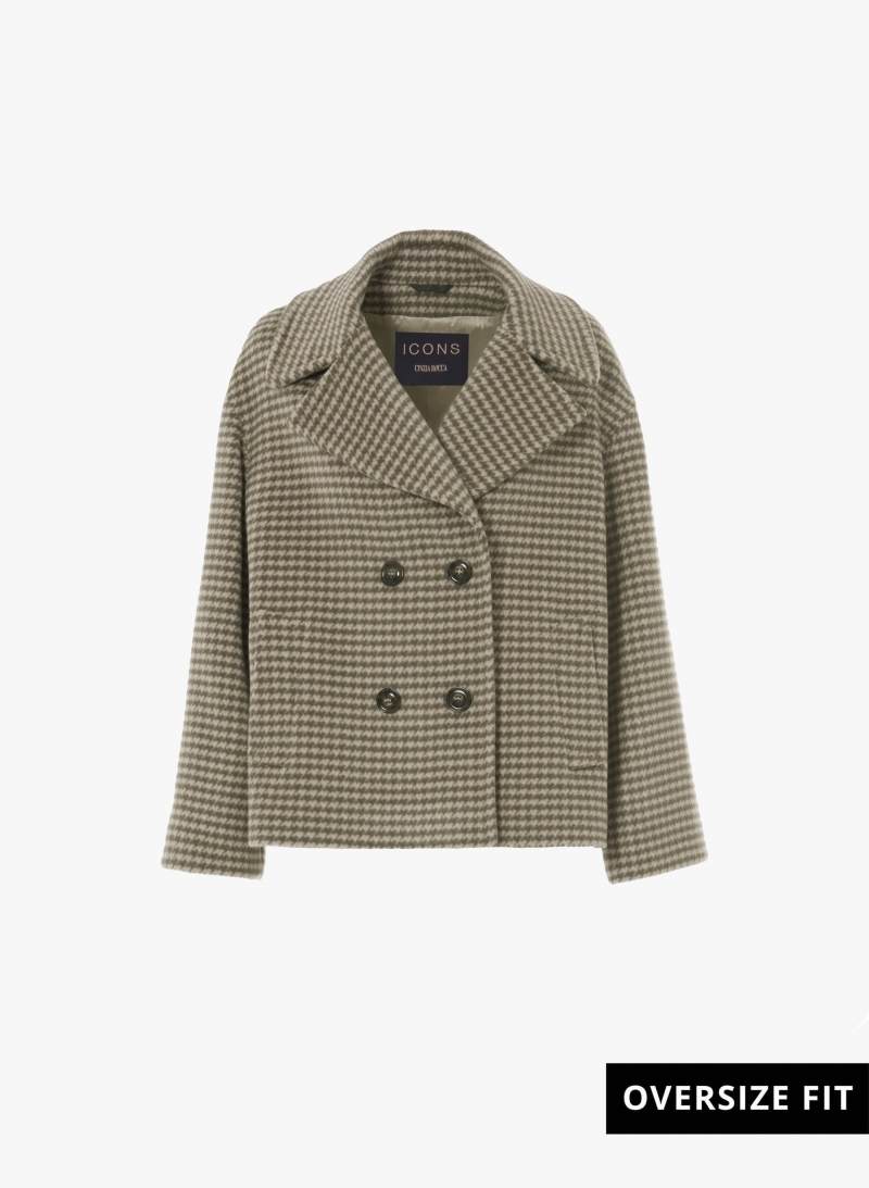 Short oversized dark taupe houndstooth coat in pure wool with maxi notch collar