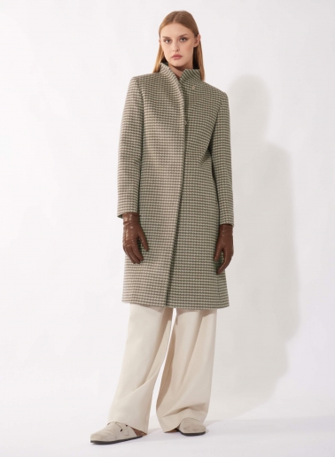 Cappotto taupe scuro in pura lana con collo alto in fantasia pied de poule