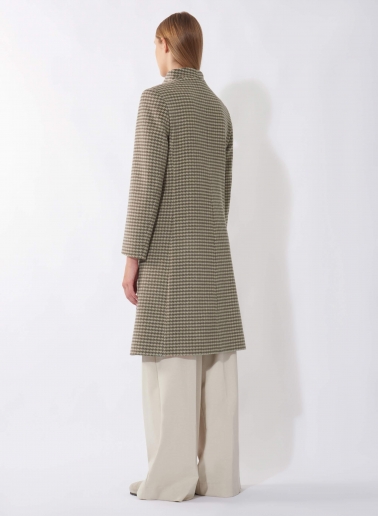 Cappotto taupe scuro in pura lana con collo alto in fantasia pied de poule