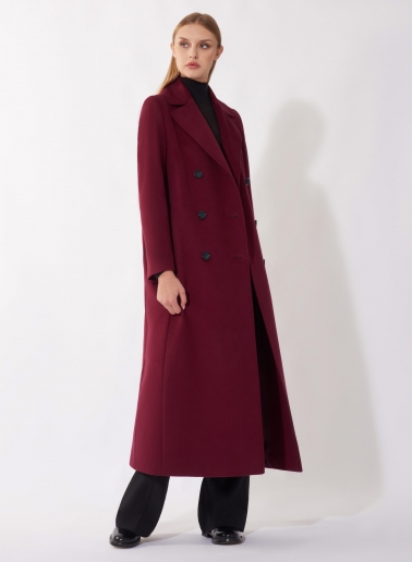 Maxi cappotto bordeaux doppio petto 6 bottoni in pura lana zibeline