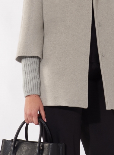 Short oversized beige pure wool coat with knitted details