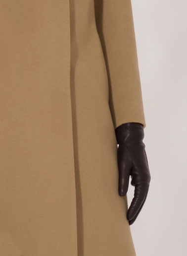 Camel pure cashmere coat with high stand up collar
