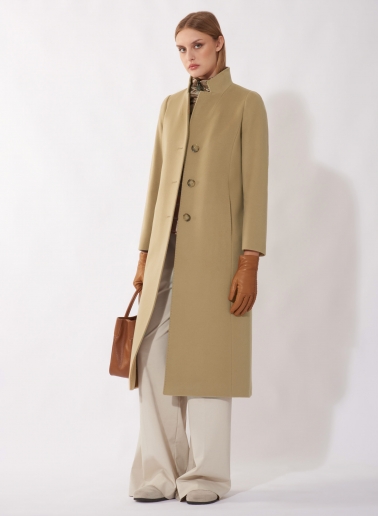 Maxi cappotto cammello in lana con pettorina in nylon staccabile