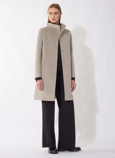 Flared dark beige pure cashmere coat with high stand up collar