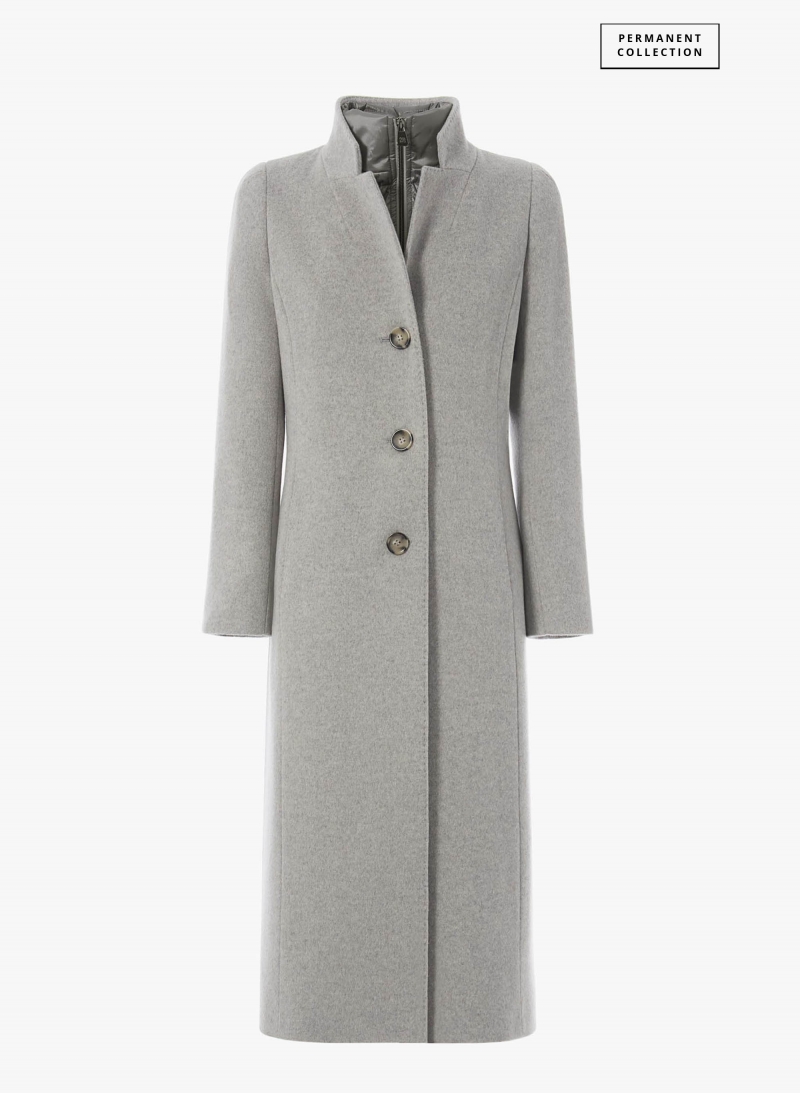 Maxi cappotto grigio chiaro in lana con pettorina in nylon staccabile