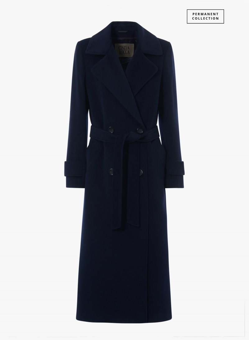 Maxi trench blu in pura lana con cintura