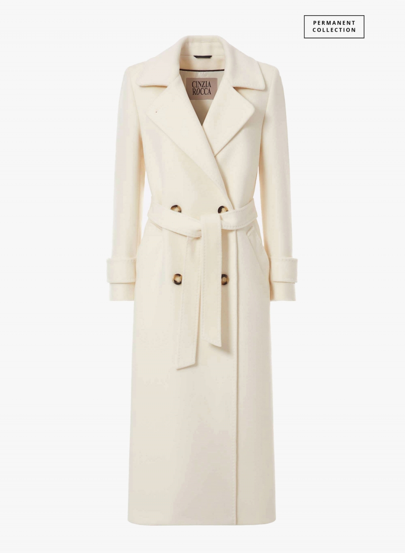 Maxi trench bianco in pura lana con cintura