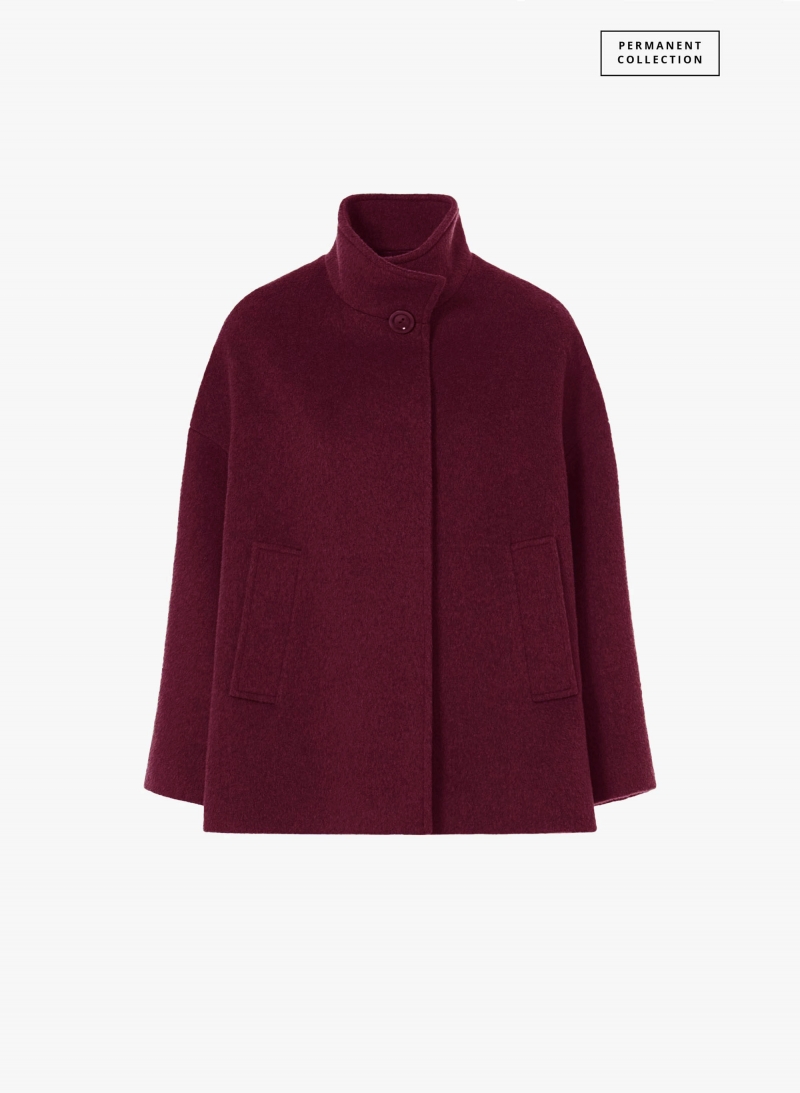 Cappotto corto bordeaux svasato con collo alto in lana