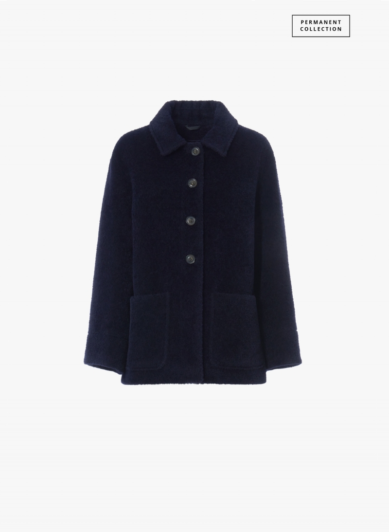 Short blue wool and alpaca coat with shirt collar and patch pockets