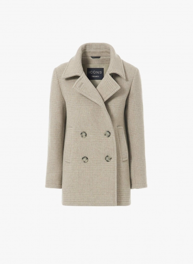 Beige double breasted peacoat with micro houndstooth pattern