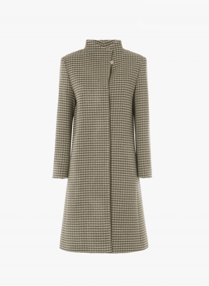 Cappotto taupe scuro in pura lana con collo alto in fantasia pied de poule