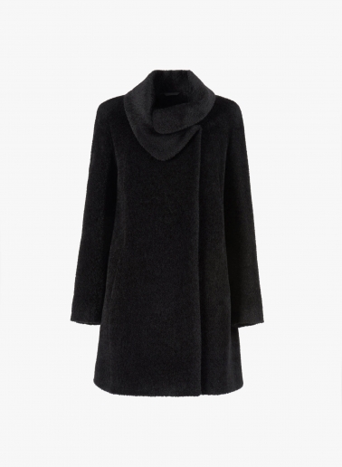 Short flared black wool and alpaca coat with crossover collar