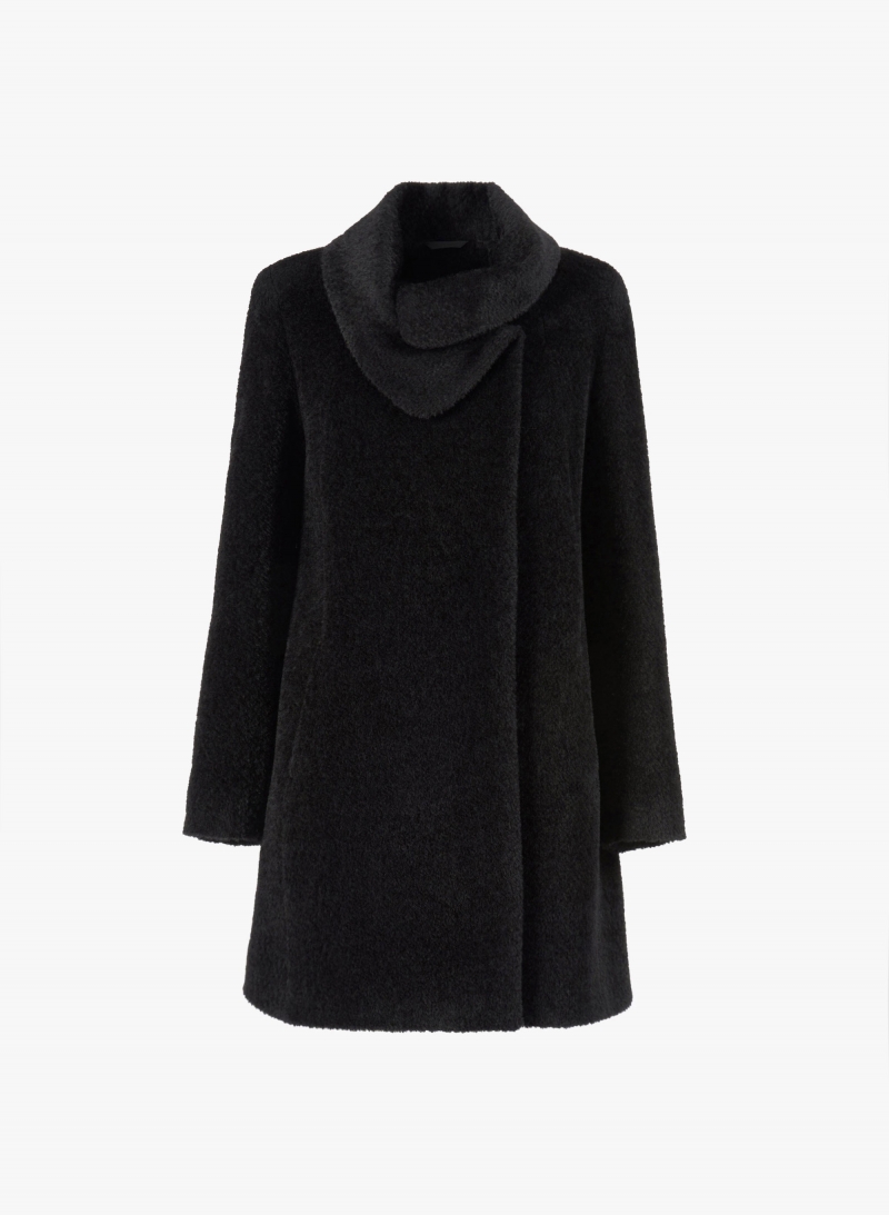 Short flared black wool and alpaca coat with crossover collar