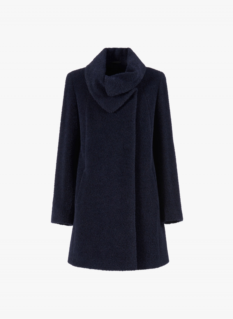 Short flared blue wool and alpaca coat with crossover collar