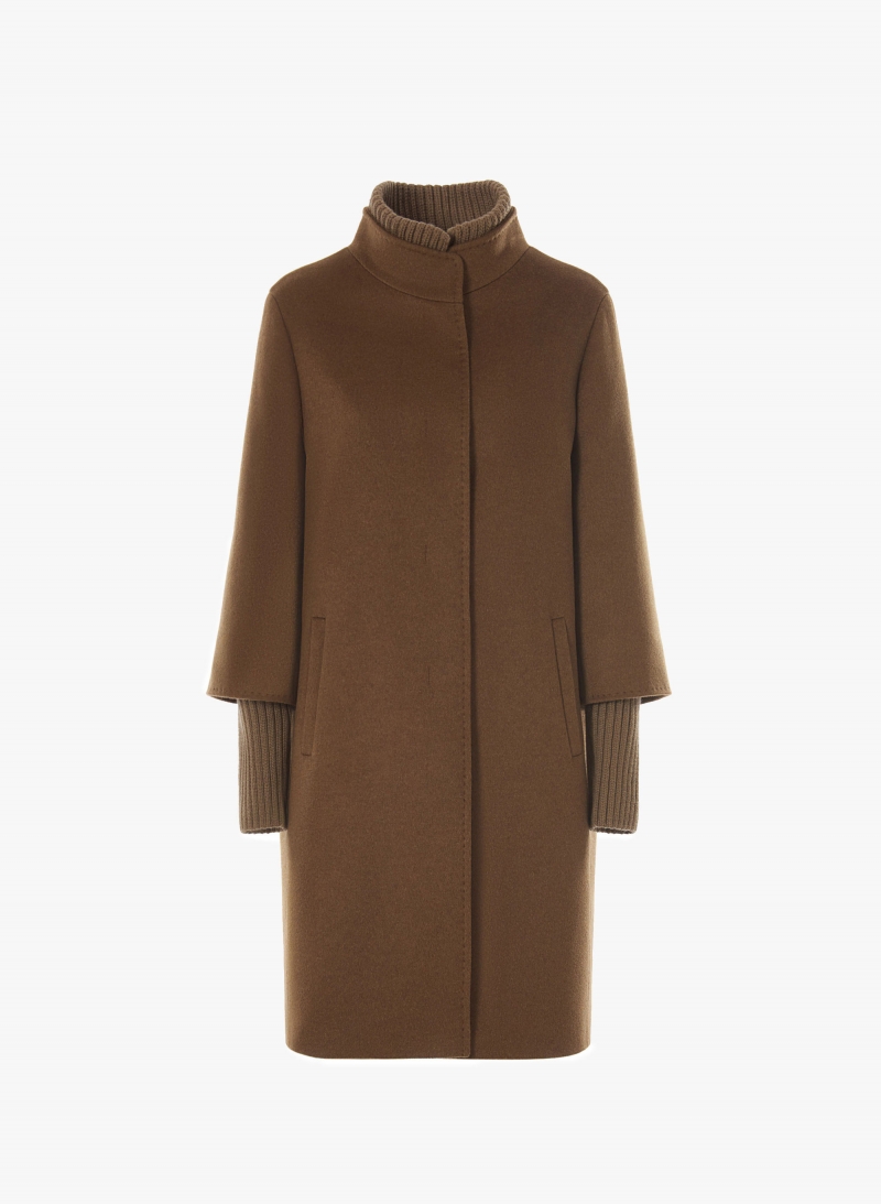 Tobacco color pure wool coat with detachable knitted details