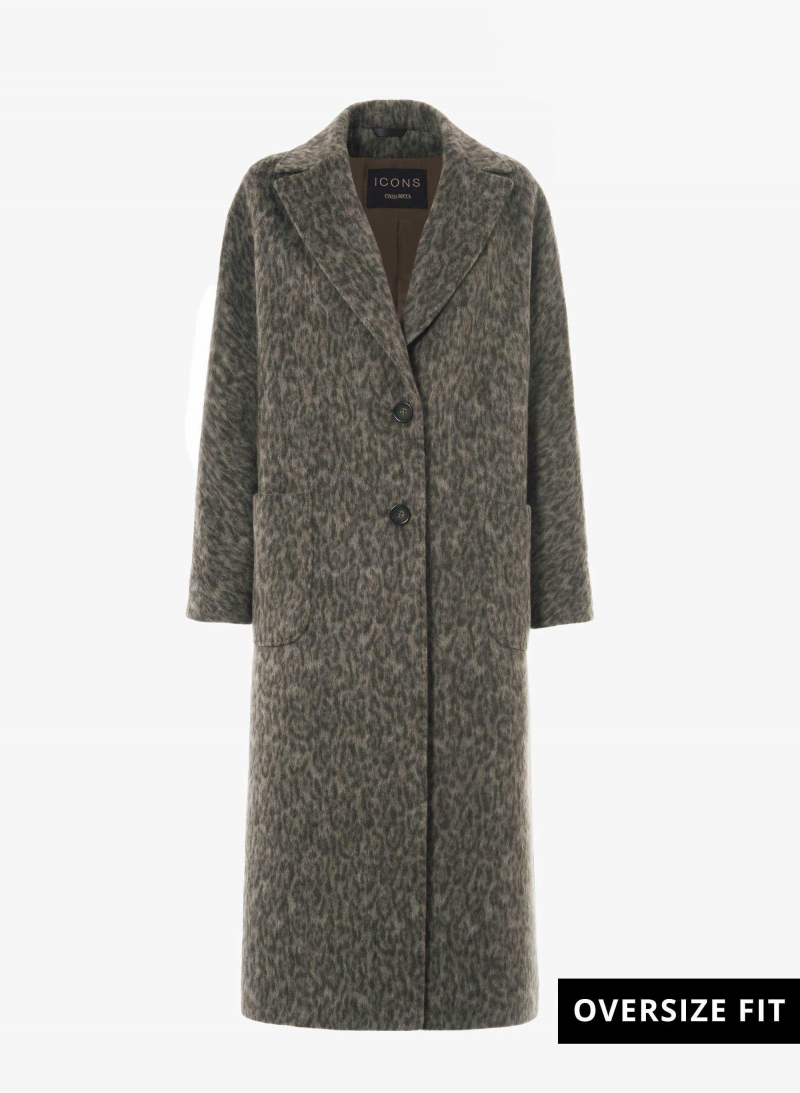 Maxi cappotto oversize taupe scuro con fantasia animalier e tasche applicate