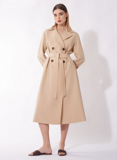 Maxi trench doppio petto beige in tessuto tecnico antigoccia