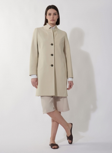 Beige stretch cotton overcoat with inverted notch collar