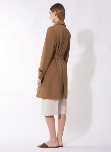 Double breasted tobacco color trench coat in technical fabric