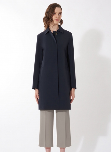 Dark blue overcoat with shirt collar in technical fabric