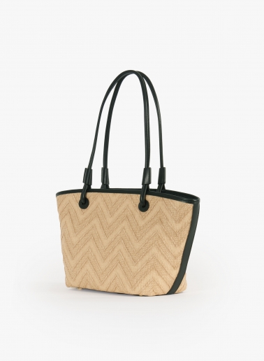Borsa tote in paglia con dettagli in pelle nera