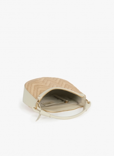 Asymmetrical straw bag with beige leather details