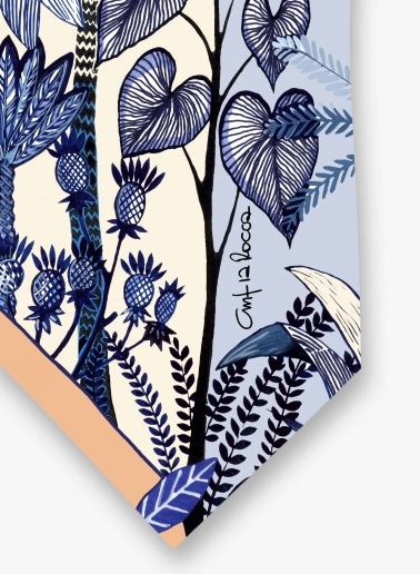 Blue silk twill headband with nature pattern
