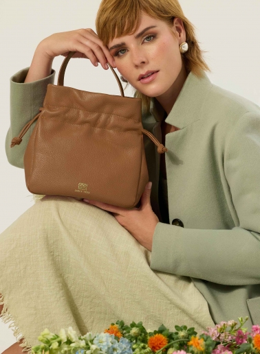 Tobacco colour small bucket bag with handle and strap