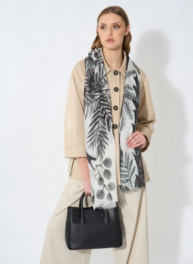 Black modal and silk scarf with stylized plant pattern