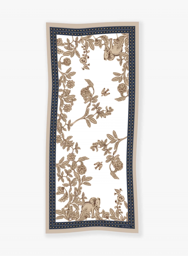 Maxi foulard in cotone con fiori e animali beige