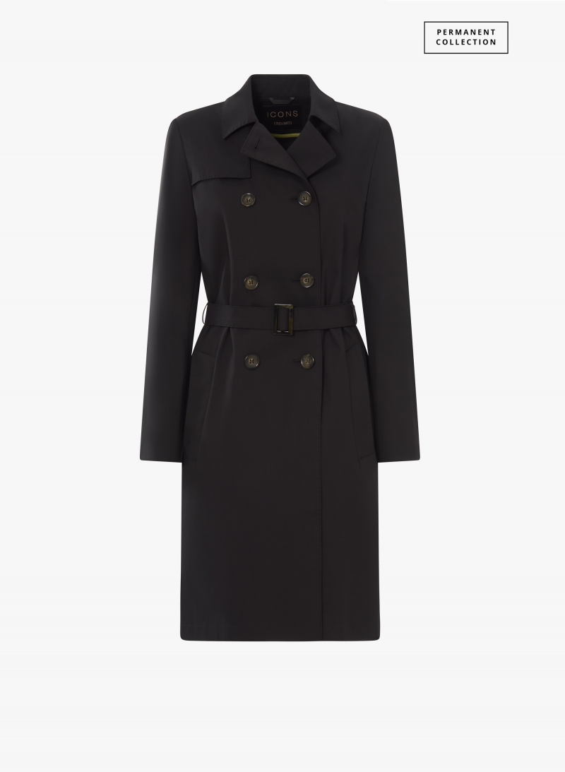 Double-breasted black trench coat in technical fabric with tailored stitches