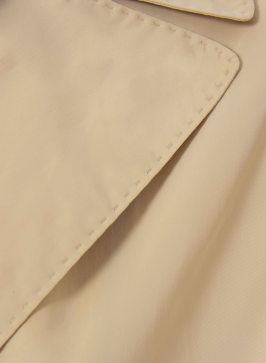 Double breasted beige jacket with maxi notch collar in rainproof technical fabric