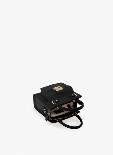 Mini black genuine leather structured bag with metal closure